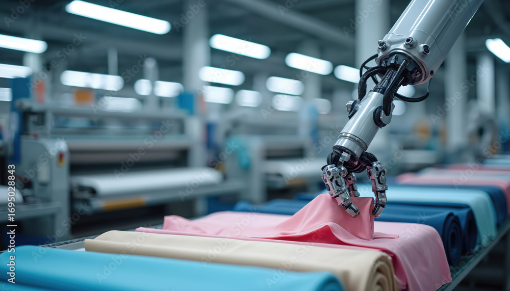 Poster robotic arm operates in high-tech textile lab, handling fabric samples near weaving machines. automa