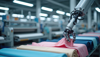 Robotic arm operates in high-tech textile lab, handling fabric samples near weaving machines. Automation ensures precision in dyeing, production, quality control. Research, development for new styles.