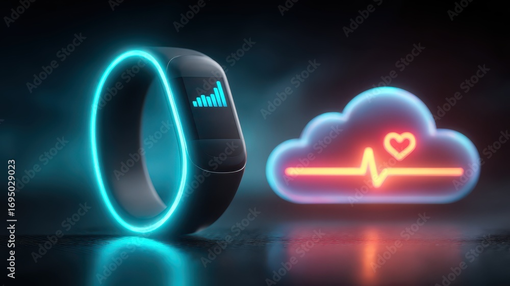 Poster futuristic wearable health monitoring device with glowing features and cloud data connectivity