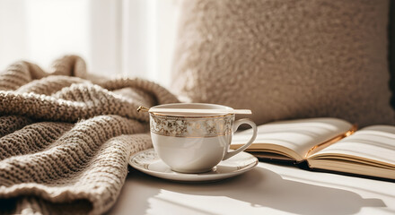 Cozy scene featuring a cup of tea, a book, and a knitted blanket perfect for relaxation