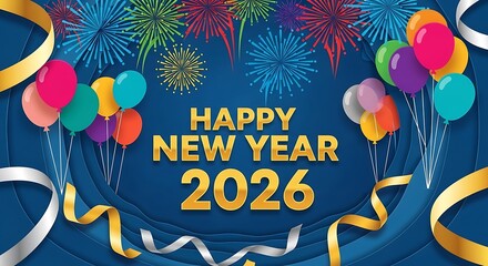 Celebrate the vibrant arrival of 2026 with dazzling fireworks, festive balloons, and elegant ribbons