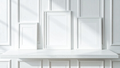 White Wooden Shelf with Frames on Bright Panel Wall