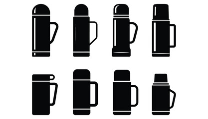 WebCollection of sleek black thermos icons, showcasing diverse designs for keeping drinks hot or cold, perfect for travel, outdoor adventures, and everyday convenience.