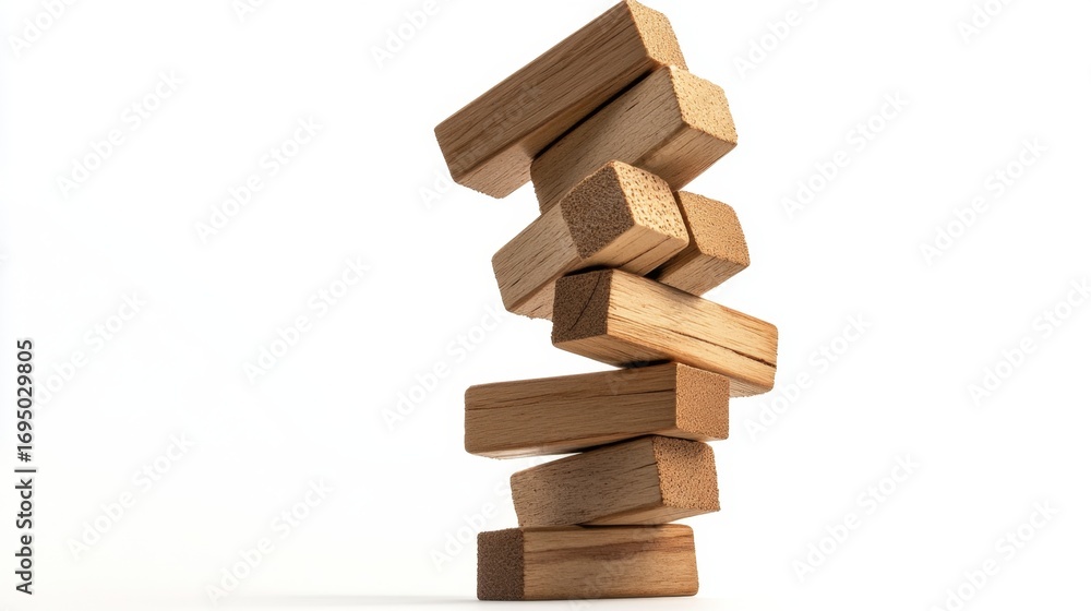 Poster tension in the air jenga tower teetering on the edge indoor game minimalist setting close-up view pr