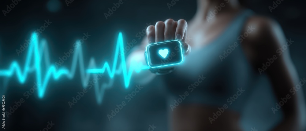 Poster futuristic wearable health monitoring device with holographic display capturing vital signs of a per