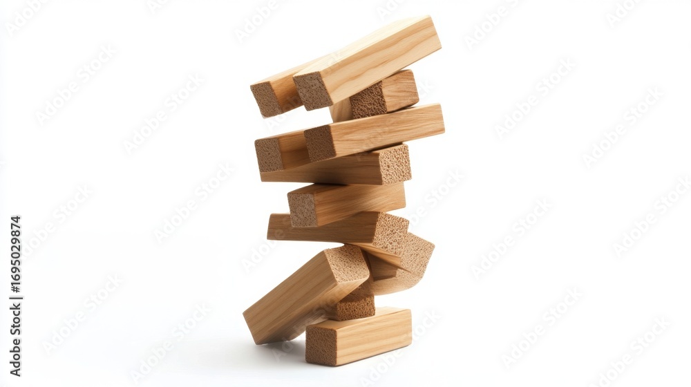 Poster precarious jenga tower teetering in a minimalist space game scene dynamic environment close-up persp
