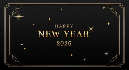 Elegant gold happy new year 2026 celebration banner with sparkling stars and art deco frame