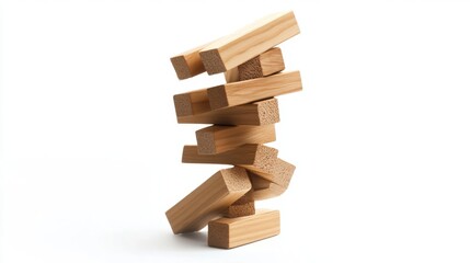 Precarious jenga tower teetering in a minimalist space game scene dynamic environment close-up perspective tension and balance