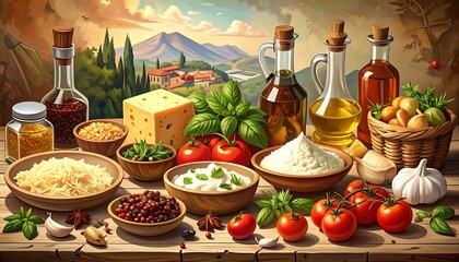 Italian food ingredients displayed on a wooden table