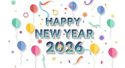 Celebrate with vibrant balloons and confetti wishing a spectacular Happy New Year 2026!