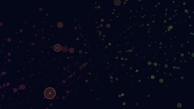 Circular arrangement of colorful overlapping circles in a spiral pattern against a dark background, creating a visually striking and dynamic image