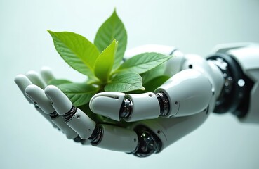 Robotic hand holds vibrant green plant, symbolizing tech advancements in sustainable practices. AI, automation nurture nature for future eco-friendly growth and development.