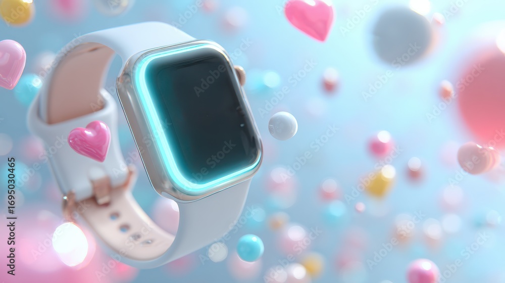 Poster futuristic wearable device with health monitoring features surrounded by colorful hearts and floatin