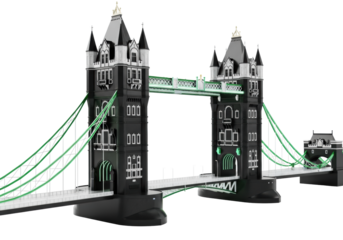 Sleek, avant-garde future bridge with obsidian-black carbon fiber towers, emerald-green glowing conduits, and transparent pathway, against a transparent studio background, concept of advanced