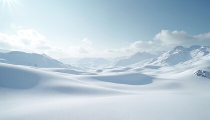 Vast expanse of untouched snowdrifts blankets mountain range under soft, hazy sunlight. Serene winter landscape features rolling hills, peaks in pale blue sky with scattered clouds. Calm, pristine