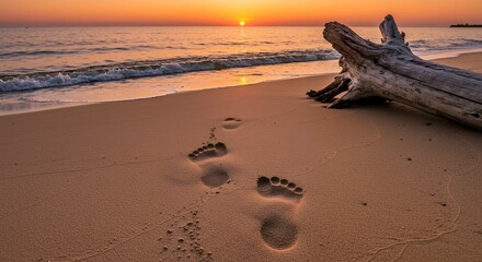Footprints in sand leading towards horizon at sunset with driftwood