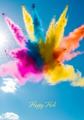 Vibrant Holi color explosion with blue sky and clouds - festive celebration design for spring holiday greeting card