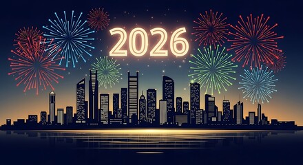 Vibrant fireworks illuminate a modern city skyline, celebrating the arrival of 2026 with dazzling light