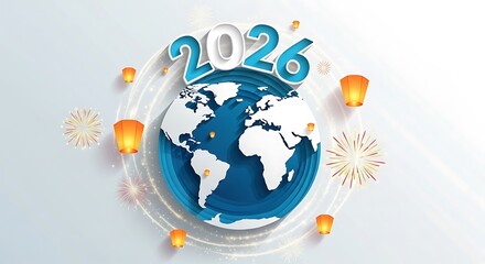 Celebrate global new year 2026 with vibrant fireworks and hopeful lanterns ascending