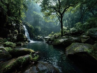 Fototapeta premium and keyword list based on the imageWaterfall Flowing Down Rocky Slope into Pool in Lush Green Forest.