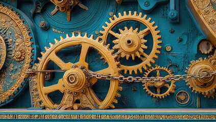 Intricate clockwork machinery with gears and chain on a blue surface