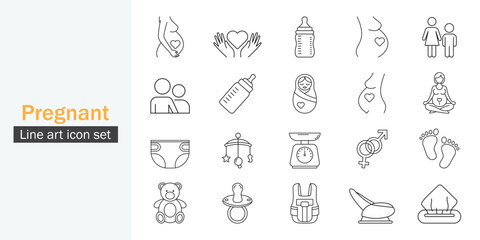 Pregnant icon set. Motherhood, pregnancy, support, feeder, toy and more icon line art style design