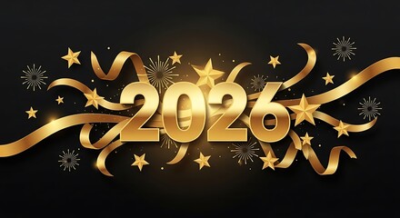Celebrate a prosperous 2026 with stunning golden ribbons, stars, and fireworks for a luxurious New Year's event