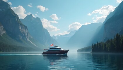 Canadian flag flies from boat sailing on serene lake, surrounded by majestic mountains. Calm water reflects blue sky, clouds, pristine nature. Picturesque scene evokes patriotism, summer adventure.