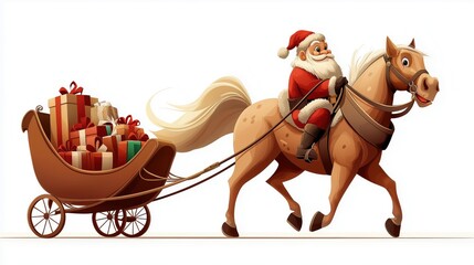 Merry Santa Claus riding a horse with a sleigh full of colorful gifts in a cheerful winter setting
