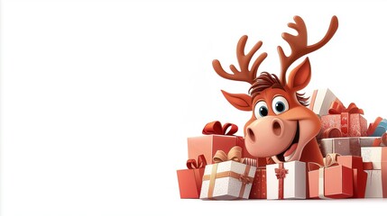 Cheerful cartoon reindeer surrounded by colorful gift boxes for holiday celebrations