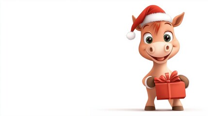Cute minimalist vector illustration of a joyful cow wearing a Santa hat and holding a gift during the festive season