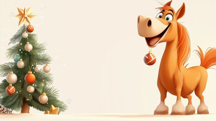 Joyful horse celebrating holiday spirit near a beautifully decorated Christmas tree in a minimalist design