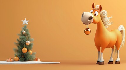 Joyful horse enjoying the festive holiday season with a Christmas tree and decorations