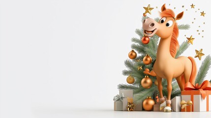 Joyful horse celebrating the holidays with gifts and festive decorations in a minimalist setting