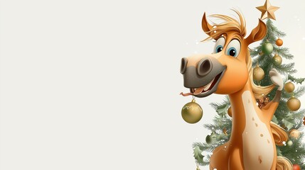 Joyful horse decorating a minimalist Christmas tree in a cheerful winter setting