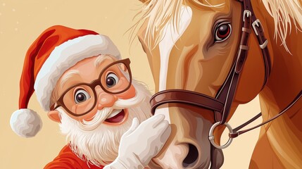 Santa Claus joyfully interacts with a horse in a minimalist vector illustration capturing holiday cheer