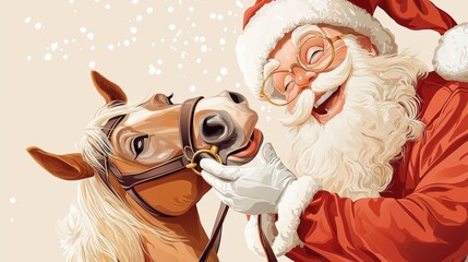 Minimalist vector illustration featuring Santa Claus interacting joyfully with a horse during the festive season