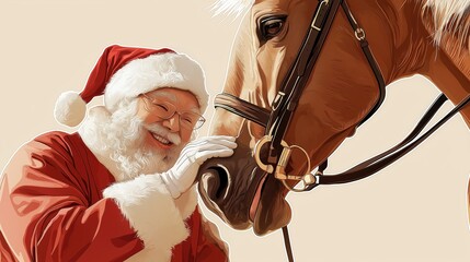 Santa Claus interacts with a horse in a minimalist vector design during the festive season in a warm, cheerful setting