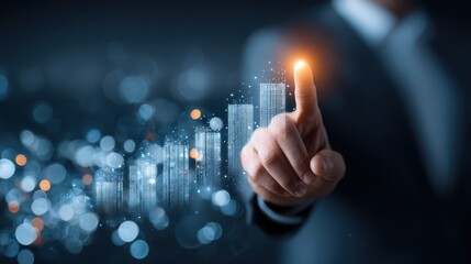 Achieving Success Through Growth Businessman Touches Cityscape with Digital Interface, Empowering Modern Entrepreneurship and Innovation.