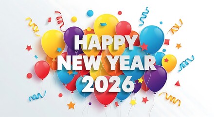 Celebrate vibrant New Year 2026 with festive balloons and streamers in a joyful party atmosphere