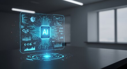 Artificial intelligence hologram display with data charts in a modern office environment space light