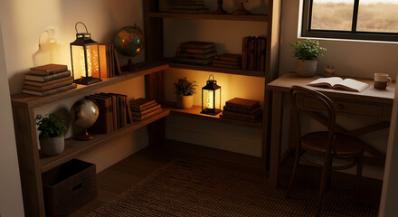 Cozy Workspace With Bookshelf, Lantern, Desk and Globe Illuminated by Warm Light