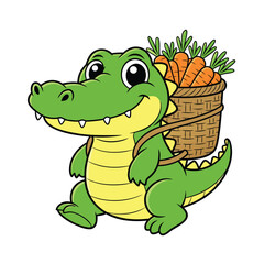 Fototapeta premium Cute Cartoon Alligator Carrying Carrots Basket