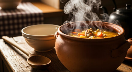 Delicious And Hearty Stew Steaming In A Clay Pot Over A Rustic Wooden Table