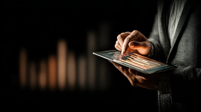 Businessman Engrossed in Financial Analysis, Tablet Glowing in Dim Lighting Perfect for HighImpact Marketing Campaigns.