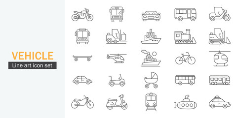 Vehicle icon set. Content bicycle, train, car, bus, truck, ship, delivery truck symbol design