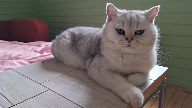 Relaxed cat lounging on wooden table in cozy room with sunlight