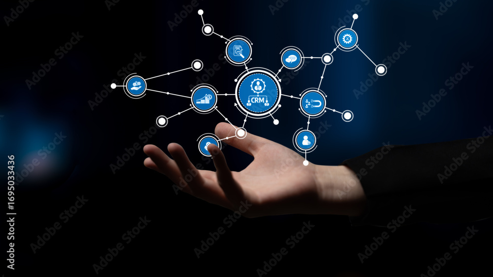 Poster abstract visualization of data connectivity, featuring a hand gesture displaying digital icons. expl