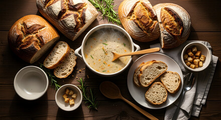 Delicious Bread, Soup, And Rustic Setting Displayed With An Inviting Warm Atmosphere