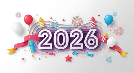 Celebrate New Year 2026 with vibrant fireworks, balloons, and festive ribbons creating a joyful atmosphere